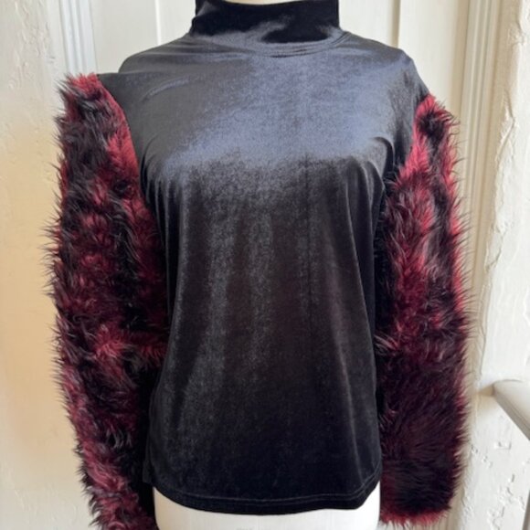 Lip Service Other - RARE Vintage 90s LIP SERVICE Velvet Top with Burgundy Faux Fur Sleeves Size L